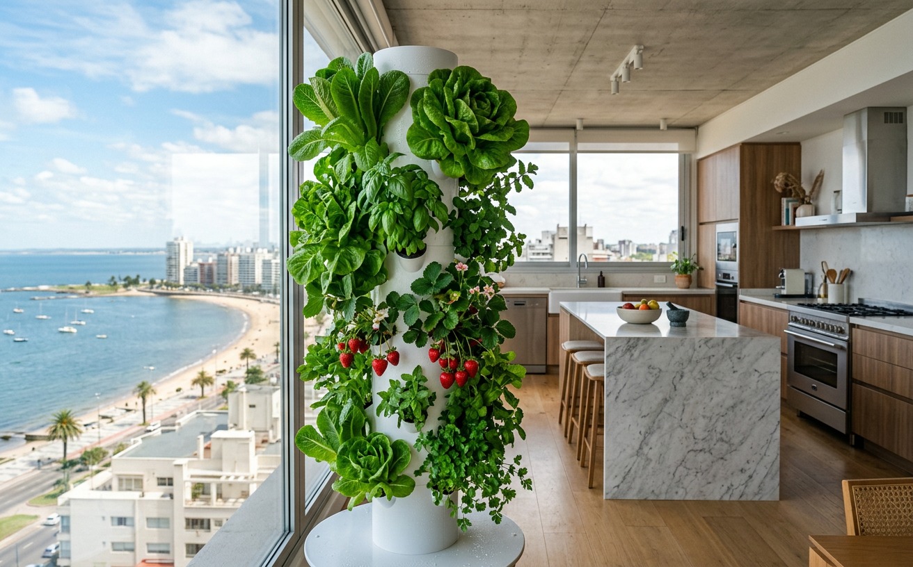Torre aeropónica Sumply con lechugas y aromáticas en cocina